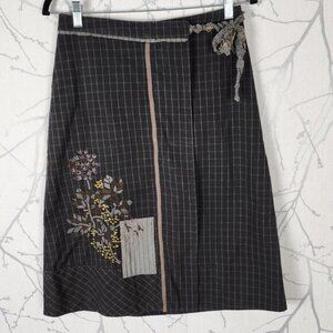 Solola Black Windowpane Checks Floral Embroidered Faux Wrap Skirt